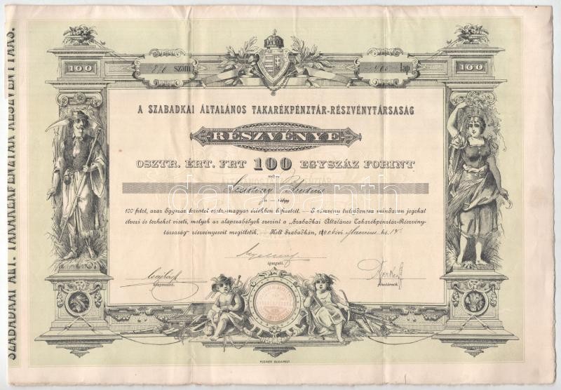 Szabadka 1906. "Szabadkai Általános Takarékpénztár-Részvénytársaság" névre szóló részvénye 100Ft-ról, szelvényekkel, szárazpecséttel T:F / Hungary / Szabadka (Novi Sad) 1906. "Szabadkai Általános Takarékpénztár-Részvénytársaság" share with the shareholder