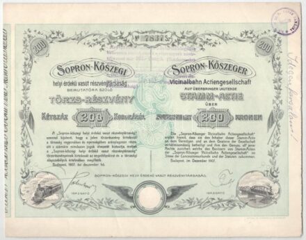 Budapest 1907. "Sopron-Kőszegi helyi érdekű részvénytársaság" törzs-részvénye 200K-ról T:VF / Budapest 1907. "Local Interest Railway Company of Sopron-Kőszeg" common stock about 200 Korona C:VF