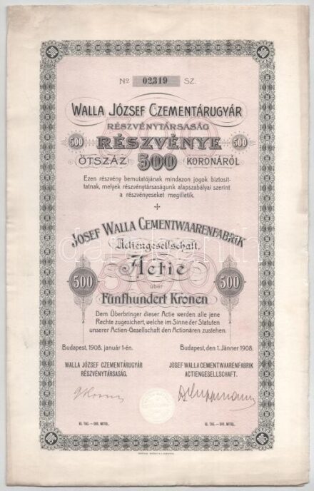 Budapest 1908. "Walla József Czementárugyár Részvénytársaság" részvénye 500K-ról szárazpecséttel, szelvényekkel T:AU / Hungary / Budapest 1908. "József Walla Cement Factory Share Company" share about 500 Korona with embossed stamp and coupons