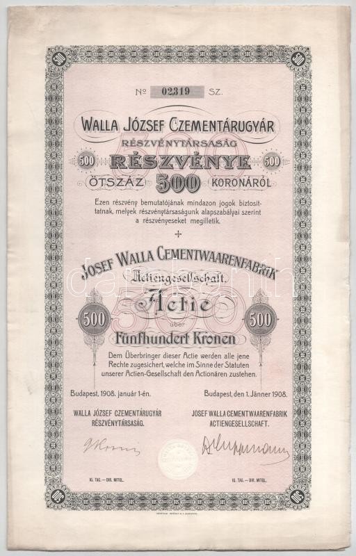 Budapest 1908. "Walla József Czementárugyár Részvénytársaság" részvénye 500K-ról szárazpecséttel, szelvényekkel T:AU / Hungary / Budapest 1908. "József Walla Cement Factory Share Company" share about 500 Korona with embossed stamp and coupons