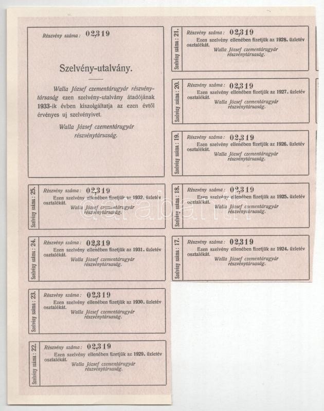 Budapest 1908. "Walla József Czementárugyár Részvénytársaság" részvénye 500K-ról szárazpecséttel, szelvényekkel T:AU / Hungary / Budapest 1908. "József Walla Cement Factory Share Company" share about 500 Korona with embossed stamp and coupons - Image 2