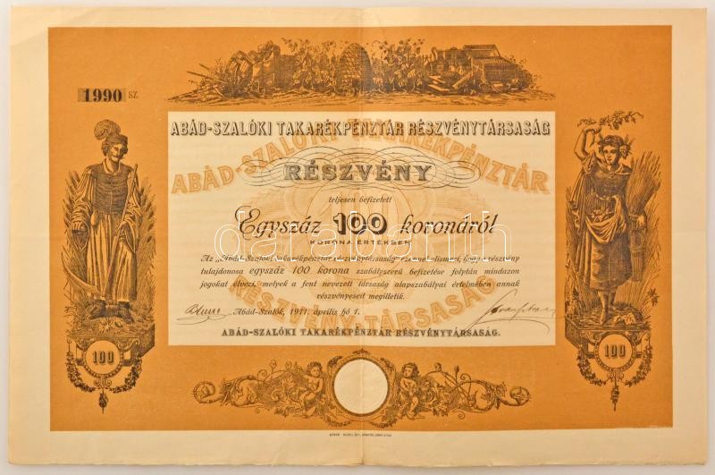 Abád-Szalók 1911. "Abád-Szalóki Takarékpénztár Részvénytársaság" részvénye 100K-ról, szárazpecséttel, 2db szelvénnyel, bélyegzéssel T:F / Hungary / Abád-Szalók 1911. "Savings Bank Share Company of Abád-Szalók" share about 100 Korona, with embossed stamp,