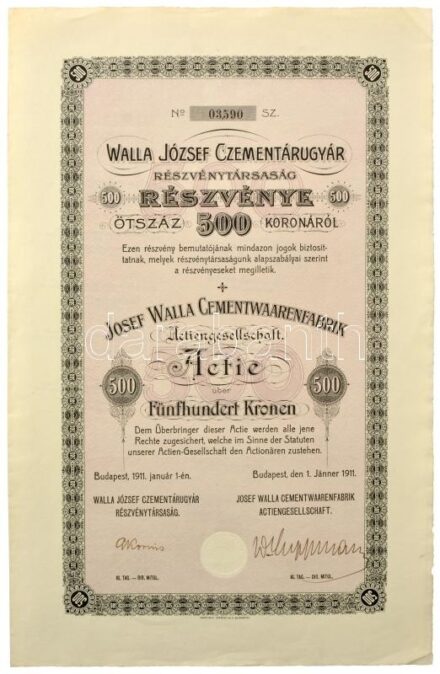 Budapest 1911. "Walla József Czementárugyár Részvénytársaság" részvénye 500K-ról szárazpecséttel, szelvényekkel T:AU / Hungary / Budapest 1911. "József Walla Cement Factory Share Company" share about 500 Korona with embossed stamp and coupons