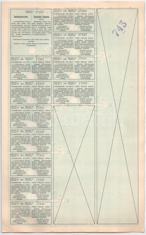 Budapest 1912. "Kőrös-Belovár-Verőcze-Barcsi helyi érdekű vasút részvénytársaság" törzsrészvénye 200K-ról, szelvényekkel, vízjeles papíron T:AU / Hungary / Budapest 1912. "Kőrös-Belovár-Verőcze-Barcs Local Interest Railway Limited Company" share about 200 - Image 2