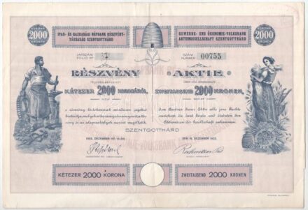 Szentgotthárd 1923. "Ipar- és Gazdasági Népbank Részvénytársaság Szentgotthárd" részvénye 2000K-ról, szárazpecséttel, bélyegzéssel, szelvényekkel T:F / Hungary / Szentgotthárd 1923. "Ipar- és Gazdasági Népbank Részvénytársaság Szentgotthárd" share about 2