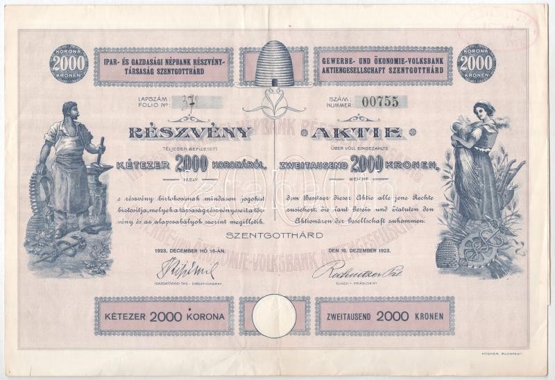 Szentgotthárd 1923. "Ipar- és Gazdasági Népbank Részvénytársaság Szentgotthárd" részvénye 2000K-ról, szárazpecséttel, bélyegzéssel, szelvényekkel T:F / Hungary / Szentgotthárd 1923. "Ipar- és Gazdasági Népbank Részvénytársaság Szentgotthárd" share about 2