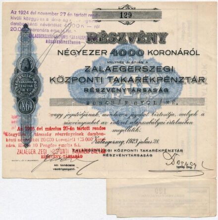 Zalaegerszeg 1923. "Zalaegerszegi Központi Takarékpénztár Részvénytársaság" részvénye 4000K-ról, bélyegzéssel és egy szelvénnyel T:VF / Hungary / Zalaegerszeg 1923. "Zalaegerszegi Központi Takarékpénztár Részvénytársaság" share about 4000 Korona, with can