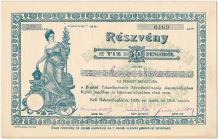 Balatonboglár 1926. "Boglári Takarékpénztár Részvénytársaság" részvénye 10P-ről szelvényekkel, szárazpecséttel T:AU / Hungary / Balatonboglár 1926. "Boglári Takarékpénztár Részvénytársaság" share about 10 Pengő with coupons, embossed stamp