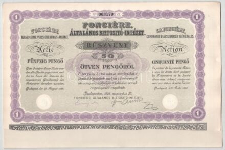 Budapest 1926. "Fonciére Általános Biztosító-Intézet" részvénye 50P-ről, szárazpecséttel, vízjeles papíron, "003179" sorszámmal T:AU apró szakadás a lap alján / Hungary / Budapest 1926. "Fonciére Általános Biztosító-Intézet (Fonciére General Insurance Ins