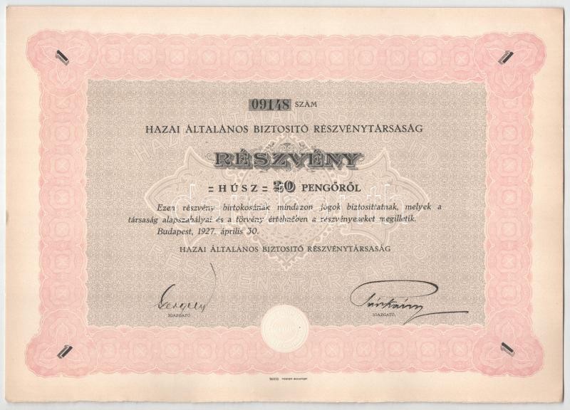 Budapest 1927. "Hazai Általános Biztosító Részvénytársaság" 20P-ről, szárazpecséttel, "09148" sorszámmal T:AU / Hungary / Budapest 1927. "Hazai Általános Biztosító Részvénytársaság (General Insurance Joint Stock Company" share about 20 Pengő with embossed