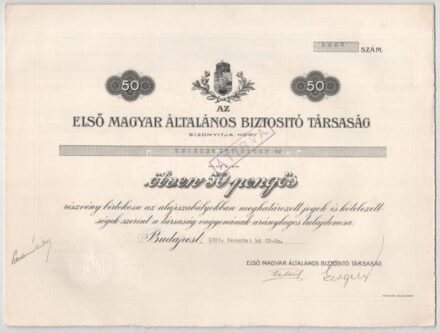 Budapest 1929. "Első Magyar Általános Biztosító Társaság" névre szóló részvényei 50P-ről és 100P-ről (2xklf) szárazpecséttel, szelvényekkel, bélyegzéssel, vízjeles papíron T:AU az egyik részvény hátoldalán kisebb szakadás / Hungary / Budapest 1929. "Első