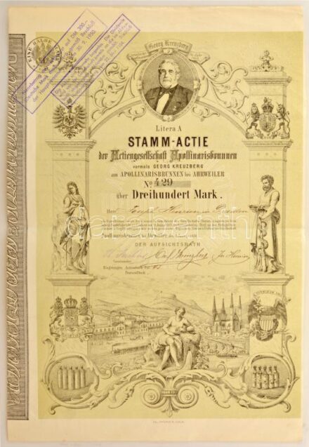 Német Birodalom / Apollinarisbrunnen bei Ahrweiler 1876. "Apollinarisbrunnen Részénytársaság" részvénye 300M-ról szárazpecséttel, bélyegzésekkel T:VF / German Empire / Apollinarisbrunnen bei Ahrweiler 1876. "Aktiengesellschaft Apollinarisbrunnen (Apollina