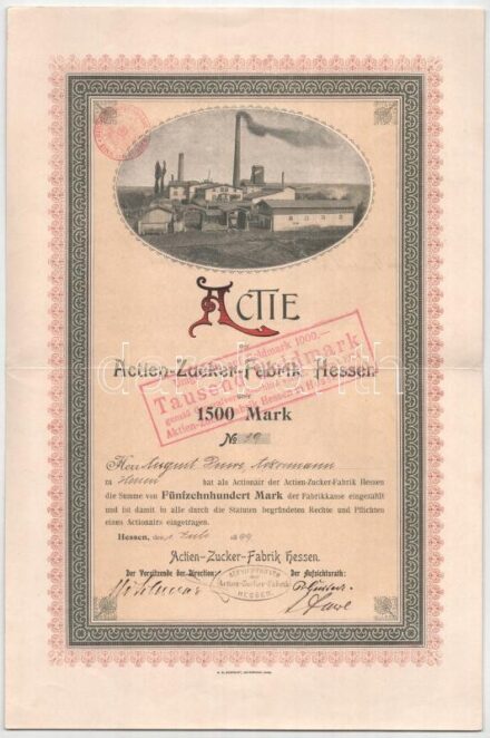Német Birodalom / Hessen 1899. "Hesseni Cukorgyár" részvénye 1500M-ról bélyegzésekkel T:F / German Empire / Hessen 1899. "Actien-Zucker-Fabrik Hessen (Sugar Factory of Hessen)" share about 1500 Mark with stamps C:F