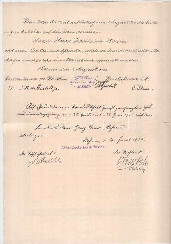 Német Birodalom / Hessen 1899. "Hesseni Cukorgyár" részvénye 1500M-ról bélyegzésekkel T:F / German Empire / Hessen 1899. "Actien-Zucker-Fabrik Hessen (Sugar Factory of Hessen)" share about 1500 Mark with stamps C:F - Image 2
