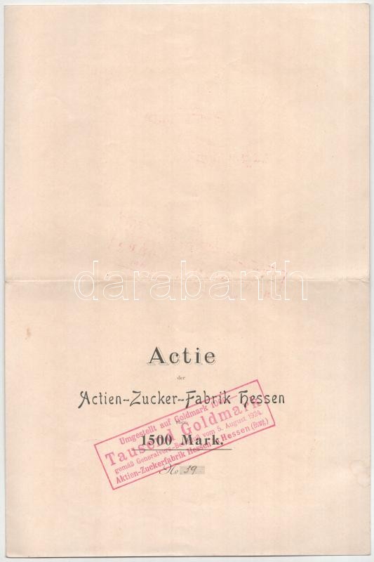 Német Birodalom / Hessen 1899. "Hesseni Cukorgyár" részvénye 1500M-ról bélyegzésekkel T:F / German Empire / Hessen 1899. "Actien-Zucker-Fabrik Hessen (Sugar Factory of Hessen)" share about 1500 Mark with stamps C:F - Image 3