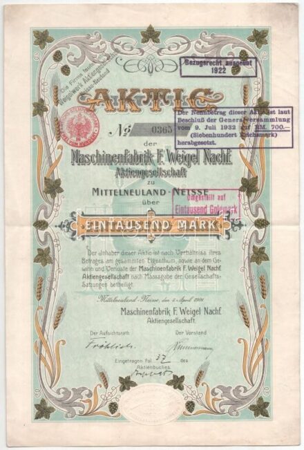 Német Birodalom / Mittelneuland-Neisse 1901. "Mittelneuland-Neisse-i F. Weigel Utóda Gépgyár Részvénytársaság" részvénye 1000M-ról szárazpecséttel, felülbélyegzésekkel T:F / German Empire / Mittelneuland-Nesse 1901. "Maschinenfabrik F. Weigel Nachfolger A