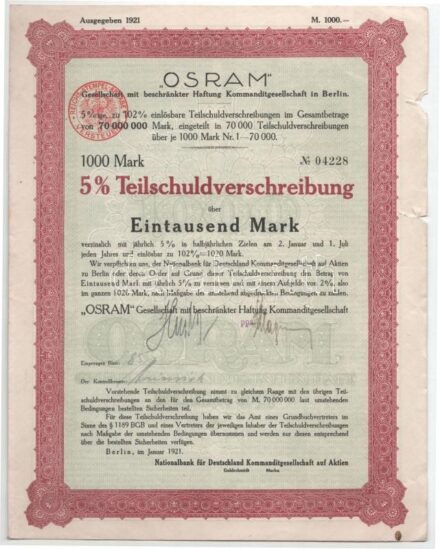 Német Birodalom / Berlin 1921. " 'OSRAM' Kft." részkötvénye 1000M-ról bélyegzéssel T:VF szakadások / German Empire / Berlin 1921. " 'OSRAM' Gmbh" partial bond about 1000 Mark with cancellation C:VF tears