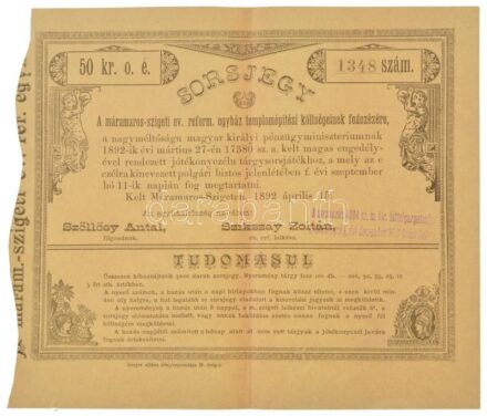 Máramarossziget 1892. "A máramaros-szigeti ev. reform. egyház templomépítési költségeinek fedezésére" sorsjegy 50kr értékben bélyegzésekkel T:XF / Hungary / Máramarossziget 1892. "To cover the cost of building the church of the Lutheran Reformed Church in