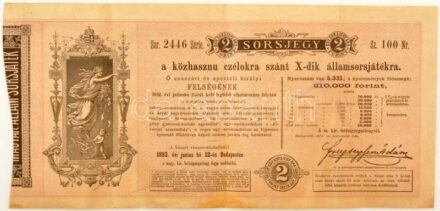 Budapest 1883. "Magyar Lovar-Egylet - Sorsjegy a 'KINCSEM' sorsjátékhoz" sorsjegy szárazpecséttel T:F fo. / Hungary / Budapest 1883. "Hungarian Horse Club - Lottery ticket to the 'KINCSEM' lottery" lottery ticket with embossed stamp C:F spotted