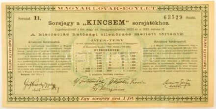 Budapest 1883. "Magyar Lovar-Egylet - Sorsjegy a 'KINCSEM' sorsjátékhoz" sorsjegy szárazpecséttel T:F fo. / Hungary / Budapest 1883. "Hungarian Horce Club - Lottery tocket to the 'KINCSEM' lottery" lottery ticket with embossed stamp C:F spotted