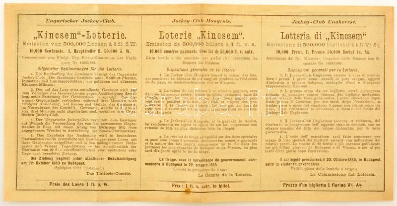 Budapest 1883. "Magyar Lovar-Egylet - Sorsjegy a 'KINCSEM' sorsjátékhoz" sorsjegy szárazpecséttel T:F fo. / Hungary / Budapest 1883. "Hungarian Horce Club - Lottery tocket to the 'KINCSEM' lottery" lottery ticket with embossed stamp C:F spotted - Image 2
