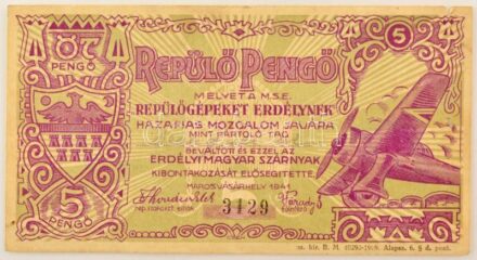 Marosvásárhely 1941. 5P "Repülő-Pengő - Repülőgépeket Erdélynek" hátoldalán bélyegzéssel T:F ly., kis szakadás Hungary / Marosvásárhely (Targu Mures) 1941. 5 Pengő "Flying-Pengő - Planes for Transylvania" with cancellation on backside C:F hole, small tear