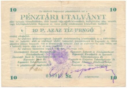 Kaposvár 1945. 10P "Pénztári utalvány" tinta aláírással, halvány bélyegzéssel T:F / Hungary / Kaposvár 1945. 10 Pengő "Péntári utalvány (Cashier's cheque) with hand-written signature and faint cancellation C:F Adamo KAP-2.1.1