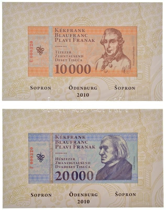 Sopron 2010. 500 Kékfrank + 1000 Kékfrank + 2000 Kékfrank + 5000 Kékfrank + 10.000 Kékfrank + 20.000 Kékfrank, mind azonos "000320" sorszámmal, de eltérő sorozatjellel, teljes sor, minden bankjegy az eredeti, kibocsátáskori díszcsomagolásában T:UNC / Hung - Image 2