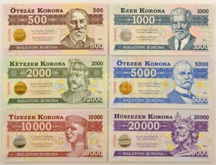 2012. 500 Balatoni Korona - 20.000 Balatoni Korona (6xklf) mind "MINTA" perforációval, "000000" sorszámmal. Teljes sor, a címletekhez tartozó tájékoztatókkal! T:UNC Hungary 2012. 500 Balatoni Korona - 20.000 Balatoni Korona (6xdiff) local money, all with