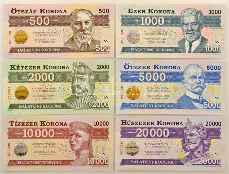 2012. 500 Balatoni Korona - 20.000 Balatoni Korona (6xklf) mind "MINTA" perforációval, "000000" sorszámmal. Teljes sor, a címletekhez tartozó tájékoztatókkal! T:UNC Hungary 2012. 500 Balatoni Korona - 20.000 Balatoni Korona (6xdiff) local money, all with