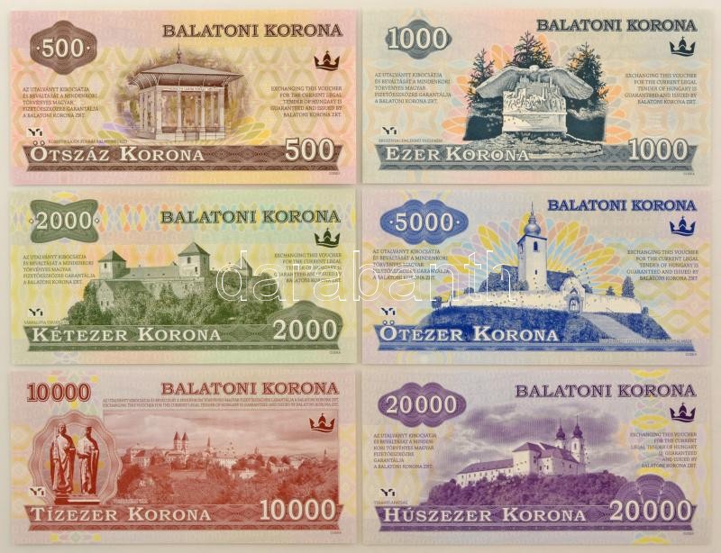 2012. 500 Balatoni Korona - 20.000 Balatoni Korona (6xklf) mind "MINTA" perforációval, "000000" sorszámmal. Teljes sor, a címletekhez tartozó tájékoztatókkal! T:UNC Hungary 2012. 500 Balatoni Korona - 20.000 Balatoni Korona (6xdiff) local money, all with - Image 2