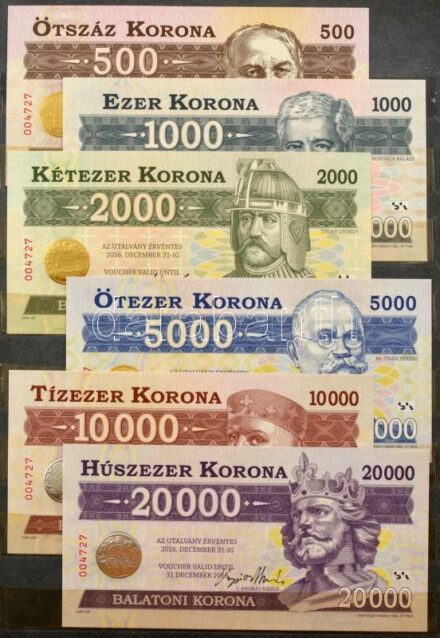 2012. 500 Balatoni Korona + 1000 Balatoni Korona + 2000 Balatoni Korona + 5000 Balatoni Korona + 10.000 Balatoni Korona + 20.000 Balatoni Korona mind azonos "004727" sorszámmal. Teljes sor! T:UNC / Hungary 2012. 500 Balatoni Korona + 1000 Balatoni Korona