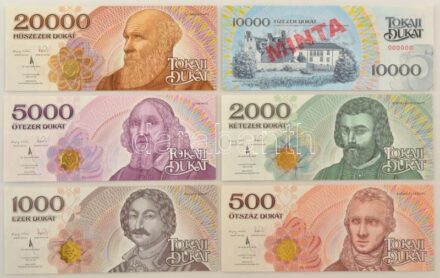 2016. "Tokaji Dukát" teljes helyi pénz sorozat: 500D + 1000D + 2000D + 5000D + 10.000D + 20.000D mind "MINTA" felülbélyegzéssel és "000000" sorszámmal. Teljes sor, egy-egy kis és nagy alakú tájékoztató füzettel T:UNC / Hungary 2016. "Tokaji Dukát" full se