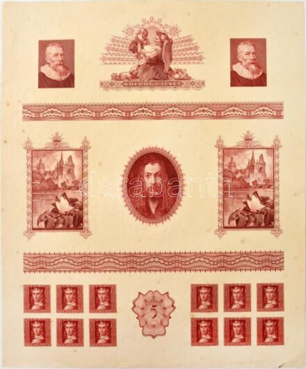 Horváth Endre (1896-1954) festőművész és grafikus különböző munkáinak rézmetszet tervei egy lapon, közte 1940. 2P hátlapi terv, Vajdahunyad vár, Szent Imre bélyegterv (344x285mm) T:AU sarokhajlás, folt / Several copperplate designs on one sheet of Hungari