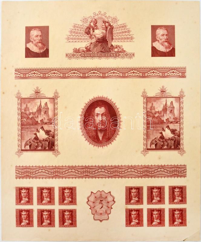 Horváth Endre (1896-1954) festőművész és grafikus különböző munkáinak rézmetszet tervei egy lapon, közte 1940. 2P hátlapi terv, Vajdahunyad vár, Szent Imre bélyegterv (344x285mm) T:AU sarokhajlás, folt / Several copperplate designs on one sheet of Hungari