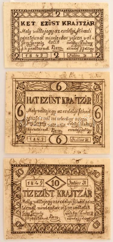 DN (1849) Az Erdélyi Főhadipénztár váltójegyeinek teljes, modern nyomatú sorozata "Körösladányi krajcárok": 2-6-10kr névértékek, a 2kr hátlapjának felső részén ragasztónyom T:UNC,AU / Hungary ND (1849) Modern print of the Transylvanian Main Military Treas