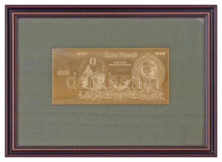 1943. 1000P "Szálasi-kiadás" kiadatlan bankjegy aranyozott Cu nyomólemez gyártásához készített véset pozitív lemeze (magaslemez), Horváth Endre tervei alapján, üvegezett keretben (86x179mm) R! / Hungary 1943. 1000 Pengő "Szálasi issue" gilt Cu positive pr