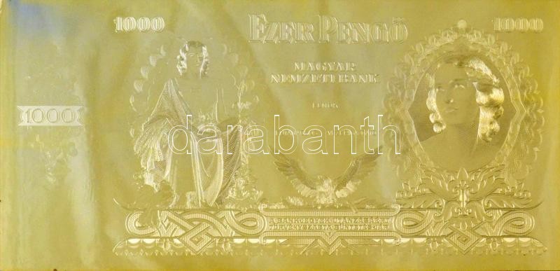 1943. 1000P "Szálasi-kiadás" kiadatlan bankjegy aranyozott Cu nyomólemez gyártásához készített véset pozitív lemeze (magaslemez), Horváth Endre tervei alapján, üvegezett keretben (86x179mm) R! / Hungary 1943. 1000 Pengő "Szálasi issue" gilt Cu positive pr - Image 2