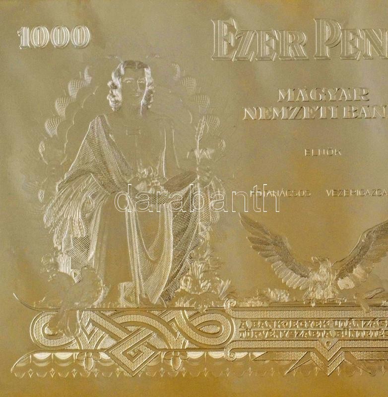 1943. 1000P "Szálasi-kiadás" kiadatlan bankjegy aranyozott Cu nyomólemez gyártásához készített véset pozitív lemeze (magaslemez), Horváth Endre tervei alapján, üvegezett keretben (86x179mm) R! / Hungary 1943. 1000 Pengő "Szálasi issue" gilt Cu positive pr - Image 3
