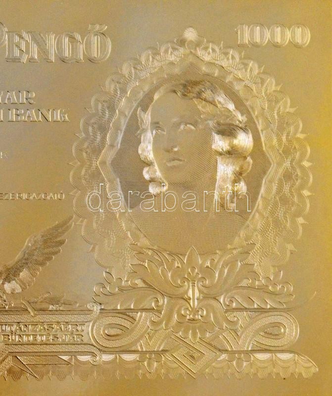 1943. 1000P "Szálasi-kiadás" kiadatlan bankjegy aranyozott Cu nyomólemez gyártásához készített véset pozitív lemeze (magaslemez), Horváth Endre tervei alapján, üvegezett keretben (86x179mm) R! / Hungary 1943. 1000 Pengő "Szálasi issue" gilt Cu positive pr - Image 4