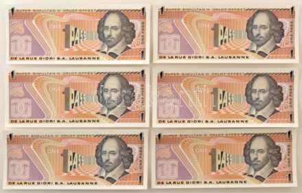 Svájc ~2000. "Orlof Offset" bankjegy tervezet "One Pass (Belépő?)" nyomattal, a De La Rue bankjegynyomda kiadásában (6x) T:UNC,AU / Switzerland ~2000. "Orlof Offset" test banknote with "One Pass (as a ticket?)" print, made by the De La Rue banknote printi