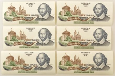 Svájc ~2000. Egyoldalas bankjegy tervezet "One Pass (Belépő?)" nyomattal, "Shakespeare" hátlapi tervezettel, a De La Rue bankjegynyomda kiadásában (6x) T:UNC,AU / Switzerland ~2000. One-sided test banknote with "One Pass (as a ticket?)" print, with "Shake
