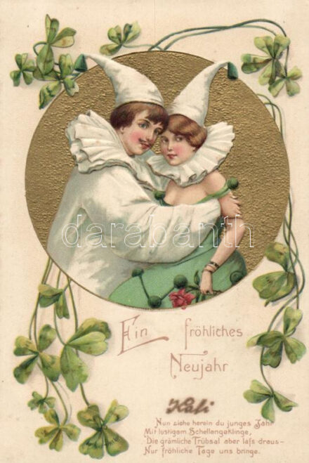 New Year, Clowns, romantic Emb. litho
