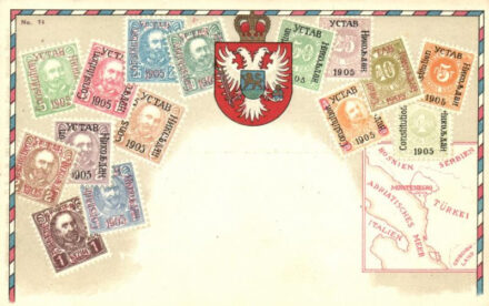 Montenegro - set of overprint stamps, Ottmar Zieher's Carte Philatelique No. 74. litho