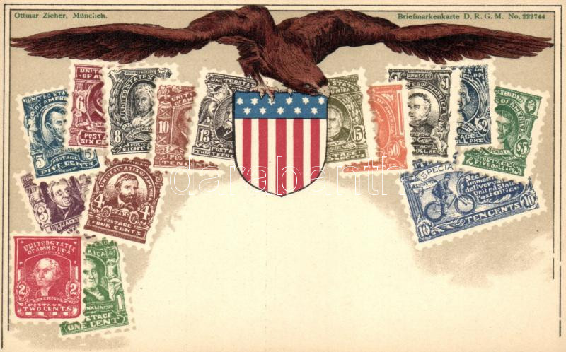 United States - set of stamps, Ottmar Zieher's Briefmarkenkarte litho